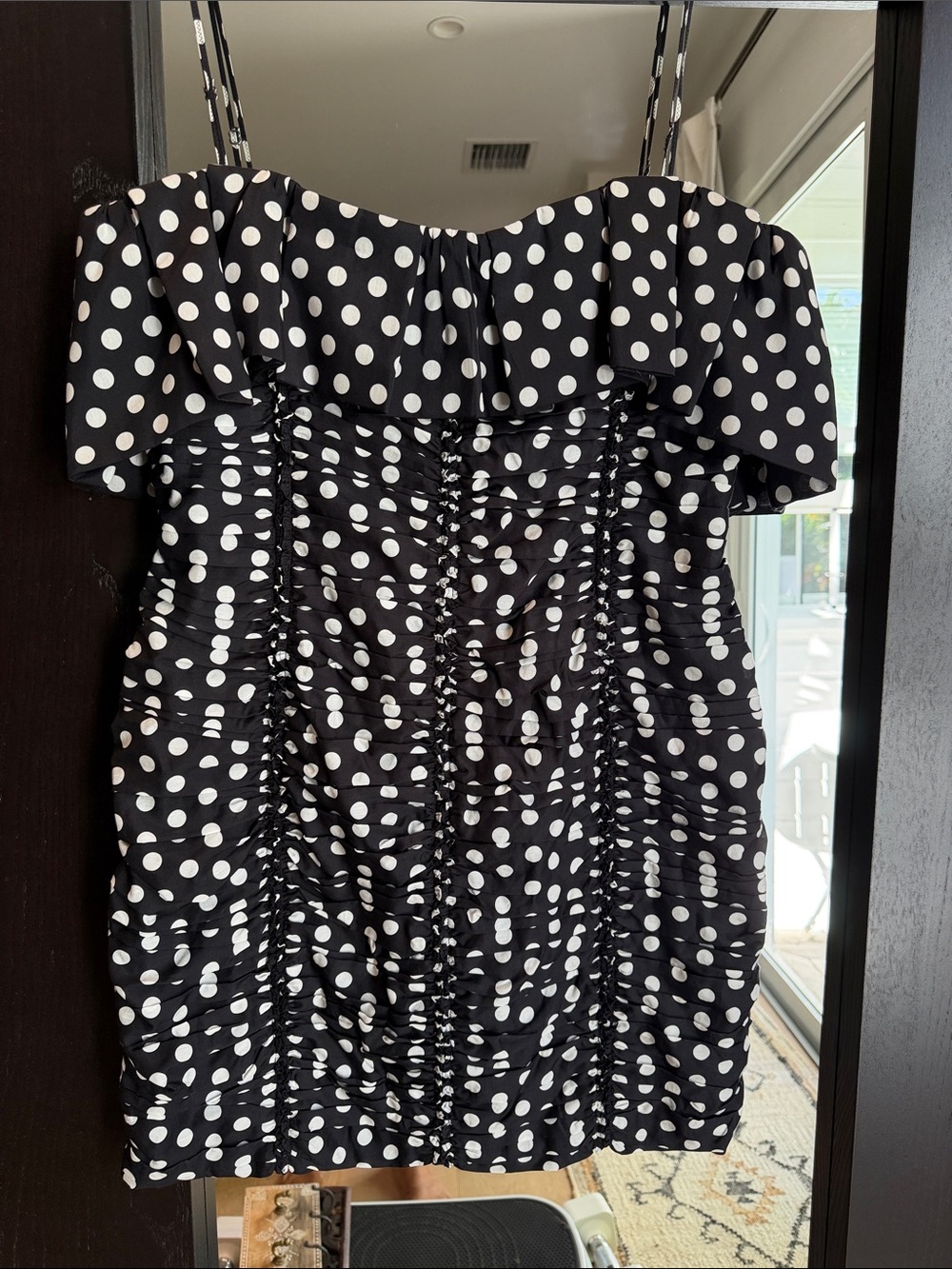 Emanuel Ungaro Black and White Polka Dot Ruched Off-Shoulder Mini Dress